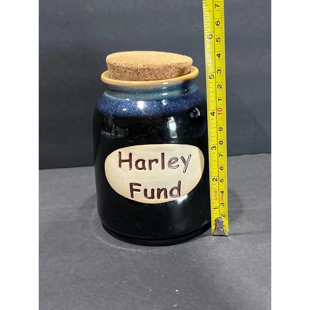 LTD Commodities Harley Fund Ceramic Money Jar Blue Drip Glaze Cork Top Stoneware